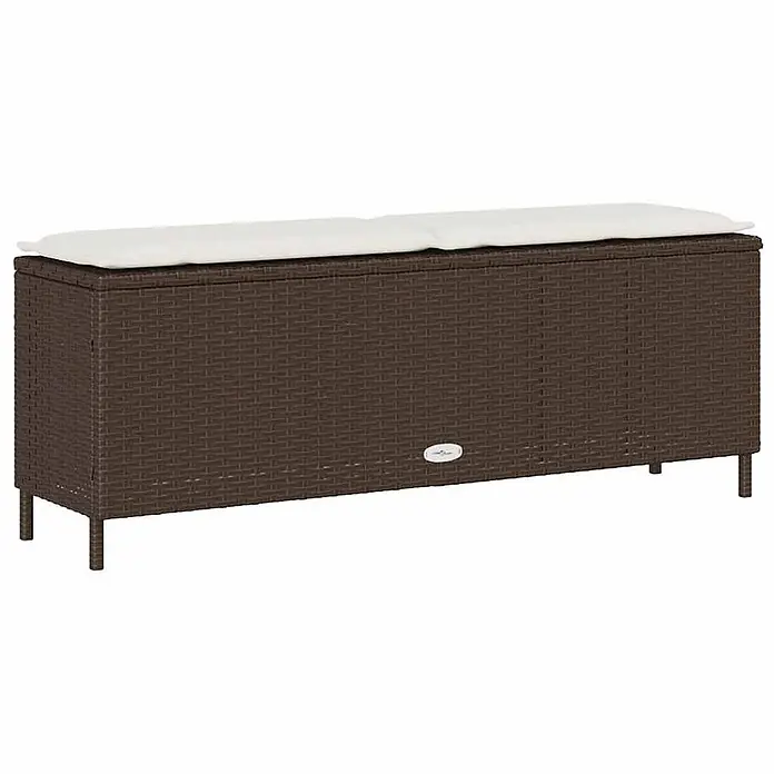 Furnicato Gartenbank PE-Rattan - B x T x H: 110 x 30 x 40,5 cm, Braun und Cremeweiß - Lange dunkelbraune Rattan-Gartenbank mit weißem Kissen als Stauraum und Sitzgelegenheit.