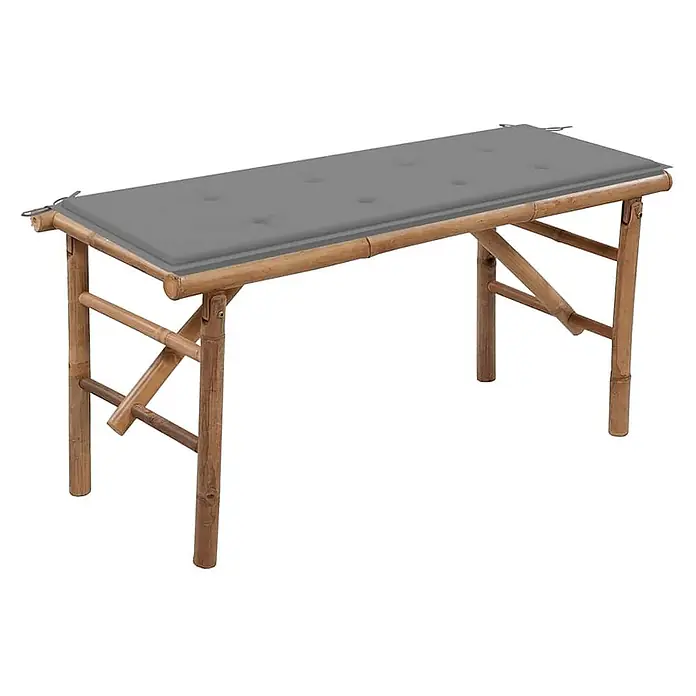 Furnicato Gartenbank Bambus - B x T x H: 38 x 118 x 45 cm, Grau - Bambusbank mit grauem, getuftetem Kissen, faltbares Design.