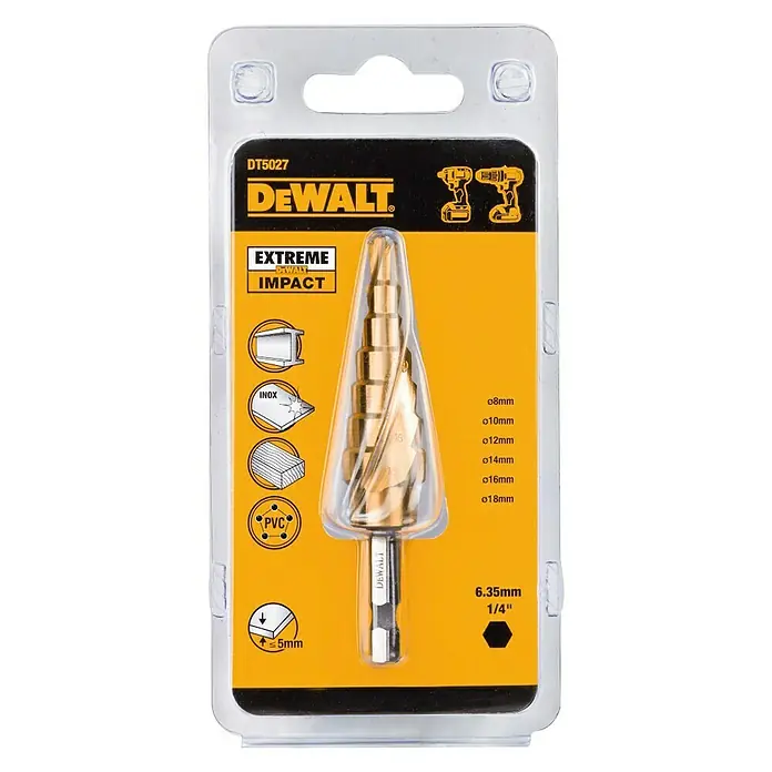 DeWalt Extreme Broca para metal DT5027-QZ - 1 ud., Diámetro de la broca: 6 mm - El juego de brocas escalonadas DeWalt DT5027 Extreme Impact en su embalaje. Perfecto para taladrar diversos materiales.