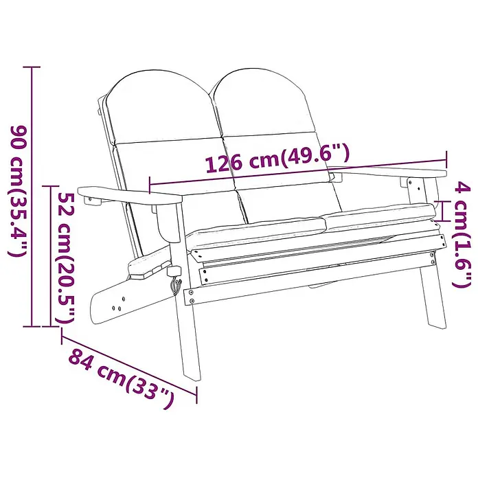 Furnicato Gartenbank Akazien-Massivholz geölt - B x T x H: 126 x 84 x 90 cm, Dunkelgrau - Hölzerne Zweisitzer Adirondack Gartenbank mit Kissen und Maßen.