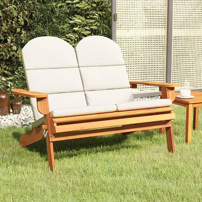 Furnicato Gartenbank - Cremeweiß - Gartenbank aus Holz für zwei Personen mit hellen Kissen und passendem Beistelltisch.