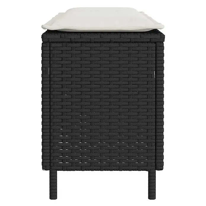 Furnicato Gartenbank PE-Rattan - B x T x H: 110 x 30 x 40,5 cm, Schwarz und Creme - Schwarze Rattan-Aufbewahrungsbox mit weißem Kissen.