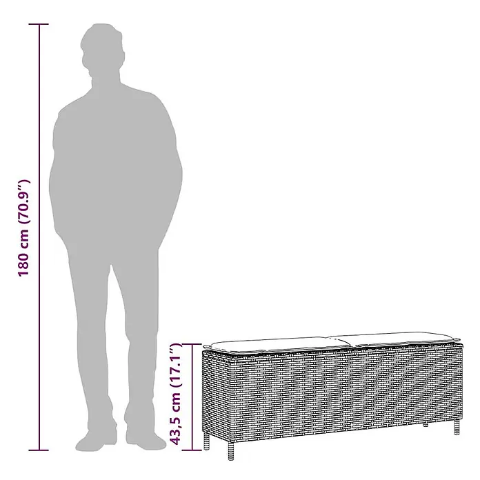 Furnicato Gartenbank PE-Rattan - B x T x H: 110 x 30 x 40,5 cm, Schwarz und Creme - Rattan-Look-Bank mit Kissen, 43,5 cm hoch, mit einer 180 cm großen Person zum Größenvergleich.