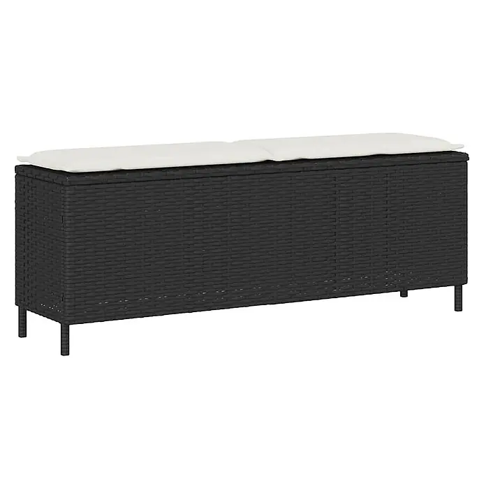 Furnicato Gartenbank PE-Rattan - B x T x H: 110 x 30 x 40,5 cm, Schwarz und Creme - Schwarze Rattan-Aufbewahrungsbank mit hellem Kissen.