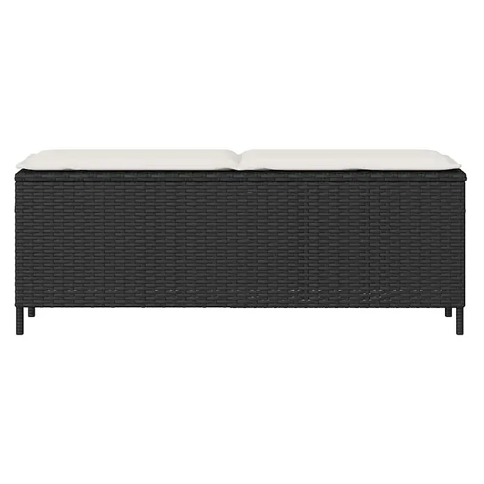 Furnicato Gartenbank PE-Rattan - B x T x H: 110 x 30 x 40,5 cm, Schwarz und Creme - Dunkelgraue Rattan-Sitzbank mit Stauraum und zwei weißen Sitzkissen.