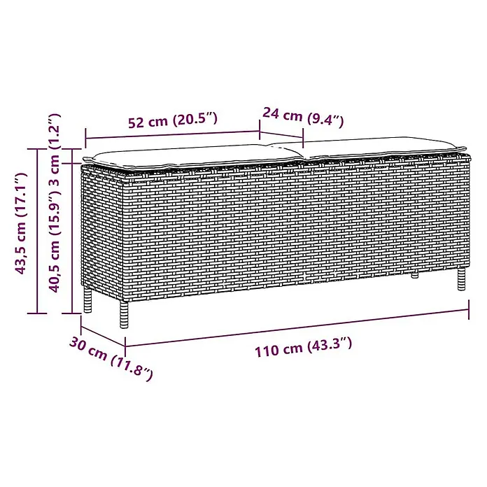 Furnicato Gartenbank - B x T x H: 110 x 30 x 40,5 cm, Beige und Hellgrau - Geflochtene Gartenbank mit Stauraum und zwei Sitzkissen, zeigt Maße.