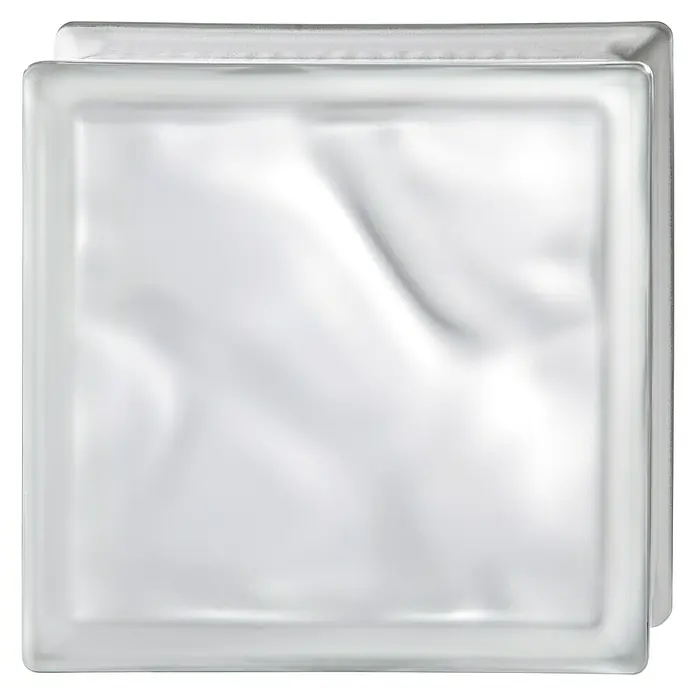 Bloque de vidrio Ondulado - Claro, 19 x 19 x 8 cm, Tipo de acabado: Satinado - Primer plano de un bloque de vidrio cuadrado con superficie ondulada, ideal para diseños modernos y difusión de luz natural.