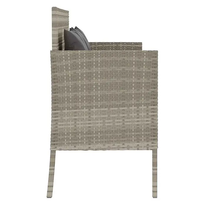 Furnicato Gartenbank PE-Rattan - B x T x H: 113 x 61 x 87 cm, Hellgrau - Seitenansicht eines hellgrauen Loungesessels in Rattanoptik mit dunkelgrauen Kissen.