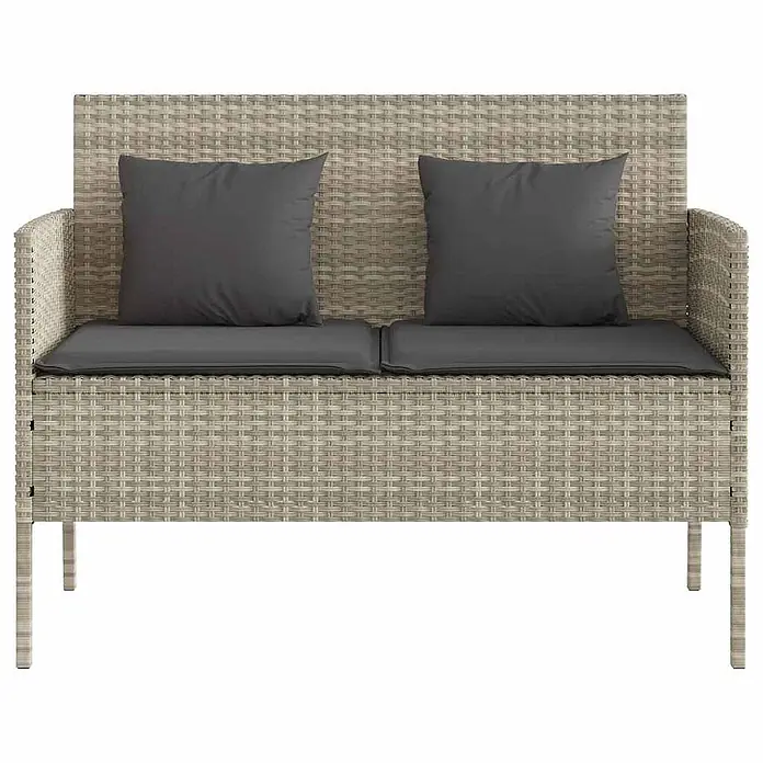 Furnicato Gartenbank PE-Rattan - B x T x H: 113 x 61 x 87 cm, Hellgrau - Hellgraue Rattan-2-Sitzer-Gartenbank mit dunkelgrauen Sitz- und Rückenkissen.