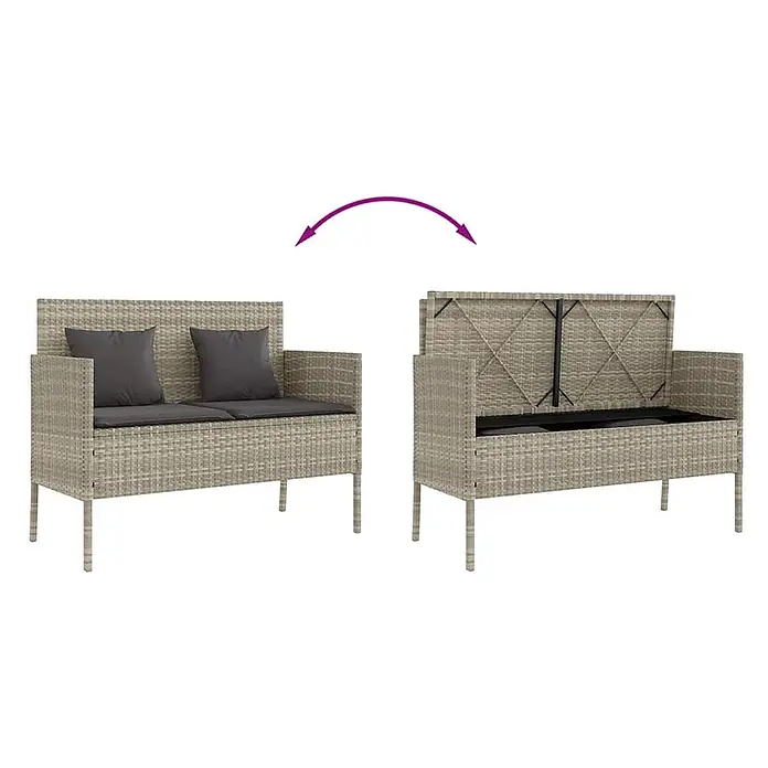 Furnicato Gartenbank PE-Rattan - B x T x H: 113 x 61 x 87 cm, Hellgrau - Hellgraue Rattan-Gartenbank mit dunklen Kissen, geschlossen und mit geöffnetem Staufachdeckel gezeigt.