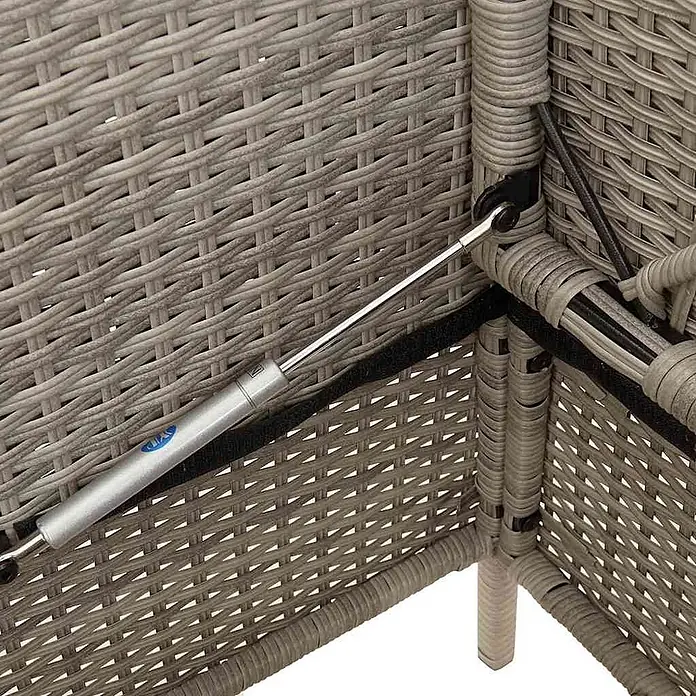 Furnicato Gartenbank PE-Rattan - B x T x H: 113 x 61 x 87 cm, Hellgrau - Eine silberne Gasdruckfeder an grauen Polyrattan-Möbeln, die eine sanfte Schließfunktion andeutet.