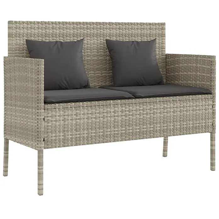 Furnicato Gartenbank PE-Rattan - B x T x H: 113 x 61 x 87 cm, Hellgrau - Zweisitzer-Gartensofa aus grauem Polyrattan mit dunkelgrauen Sitz- und Rückenkissen.