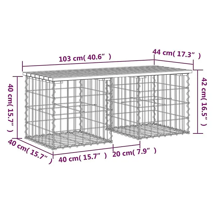 Furnicato Gartenbank Kiefernholz massiv - B x T x H: 103 x 44 x 42 cm, Natürliche Kiefer - Gabionenbank mit Holzlatten-Sitzfläche, bestehend aus zwei Drahtgitterkörben für den Außenbereich.