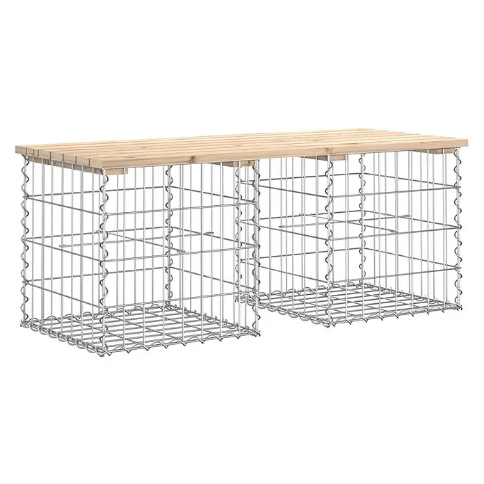 Furnicato Gartenbank Kiefernholz massiv - B x T x H: 103 x 44 x 42 cm, Natürliche Kiefer - Gabionenbank mit zwei verzinkten Drahtkäfigen und einer hellen Holzlattenplatte.