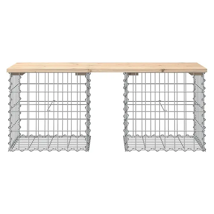 Furnicato Gartenbank Kiefernholz massiv - B x T x H: 103 x 44 x 42 cm, Natürliche Kiefer - Gabionenbank mit zwei Metallgitterkörben und heller Holzplatte.