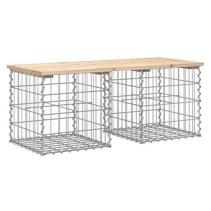 Furnicato Gartenbank Kiefernholz massiv - B x T x H: 103 x 44 x 42 cm, Natürliche Kiefer - Gabionenbank mit heller Holzlamellenplatte auf zwei Metallgitter-Basen.