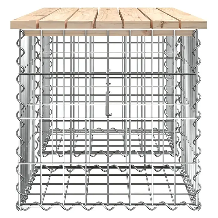 Furnicato Gartenbank Kiefernholz massiv - B x T x H: 103 x 44 x 42 cm, Natürliche Kiefer - Quadratischer Gabionenkorb aus silbernem verzinktem Stahlgeflecht mit heller Holzlattenabdeckung.