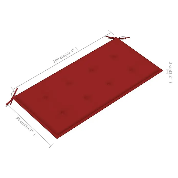 Furnicato Gartenbank Teakholz lackiert - B x T x H: 112 x 55 x 94 cm, Rot - Rotes, gestepptes Gartenbankkissen mit Bändern, 100x50x3 cm.
