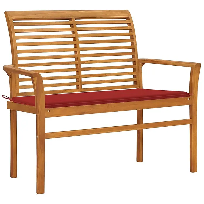 Furnicato Gartenbank Teakholz lackiert - B x T x H: 112 x 55 x 94 cm, Rot - Zweisitzige Holzbank für den Außenbereich mit Lattenrost und leuchtend rotem Sitzkissen.
