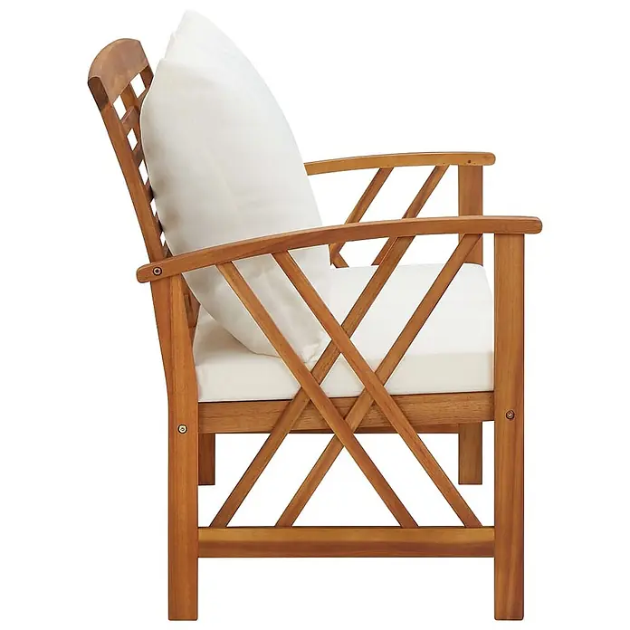 Furnicato Gartenbank Akazienholz geölt - B x T x H: 119 x 67 x 83 cm, Braun und Creme - Garten-Sessel aus Holz mit weißen Kissen, seitliche Ansicht.