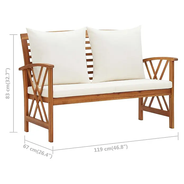 Furnicato Gartenbank Akazienholz geölt - B x T x H: 119 x 67 x 83 cm, Braun und Creme - Holze Gartenbank mit weißen Kissen, 119 cm B x 67 cm T x 83 cm H.