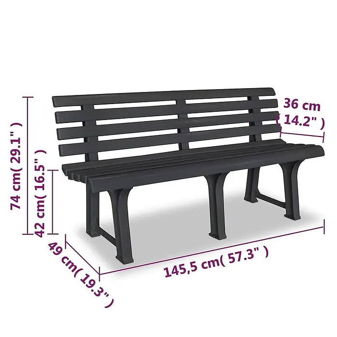 Furnicato Gartenbank Kunststoff Anthrazit - B x T x H: 145,5 x 49 x 74 cm, Anthrazit - Dunkelgraue Latten-Gartenbank mit stabilen Beinen.
