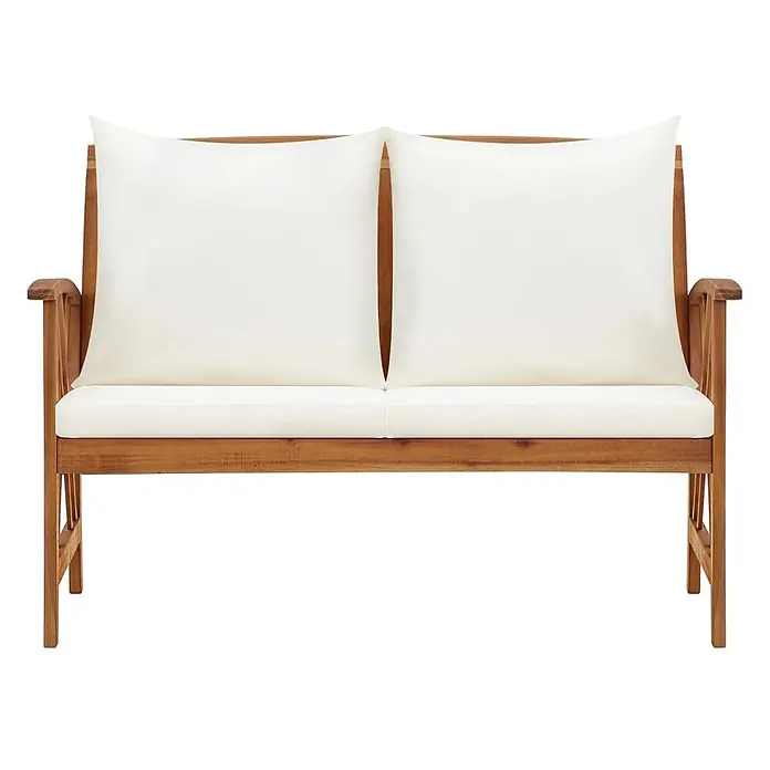 Furnicato Gartenbank Akazienholz geölt - B x T x H: 119 x 67 x 83 cm, Braun und Creme - Hölzerne Zweisitzer-Gartenbank mit weißen Sitz- und Rückenkissen.