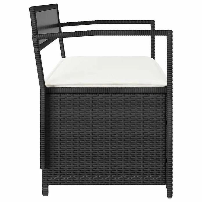 Furnicato Gartenbank PE-Rattan - B x T x H: 111,5 x 54 x 74 cm, Schwarz und Creme - Seitenansicht eines dunkelgrauen Rattan-Sessels mit weißem Kissen.
