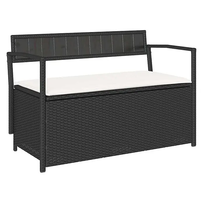 Furnicato Gartenbank PE-Rattan - B x T x H: 111,5 x 54 x 74 cm, Schwarz und Creme - Dunkelgraue Rattan-Sitzbank mit Stauraum, weißem Kissen und Holzlatten-Rückenlehne.