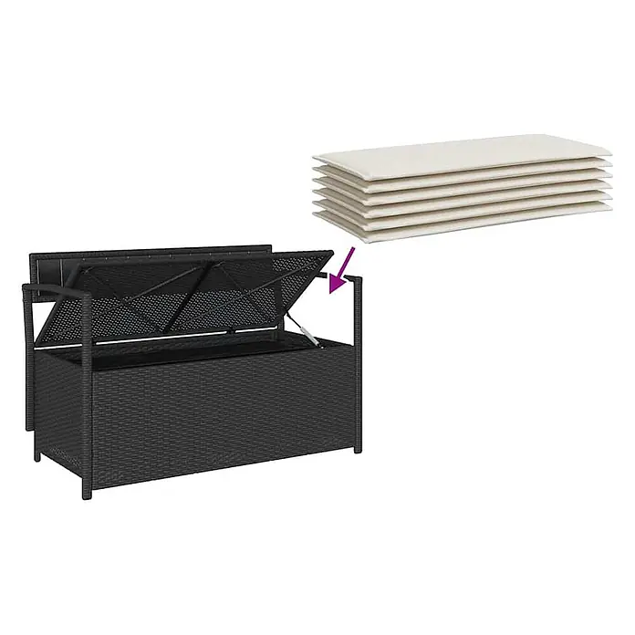 Furnicato Gartenbank PE-Rattan - B x T x H: 111,5 x 54 x 74 cm, Schwarz und Creme - Schwarze Rattan-Gartenaufbewahrungsbox mit offenem Deckel und gestapelten cremefarbenen Kissen.