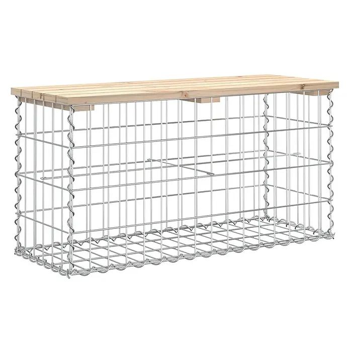 Furnicato Gartenbank - B x T x H: 83 x 31,5 x 42 cm, Natürliche Kiefer - Rechteckiger Gabionenkorb aus silberfarbenem Drahtgeflecht mit heller Holzlattenplatte, für Sitzgelegenheiten oder Aufbewahrung im Außenbereich.