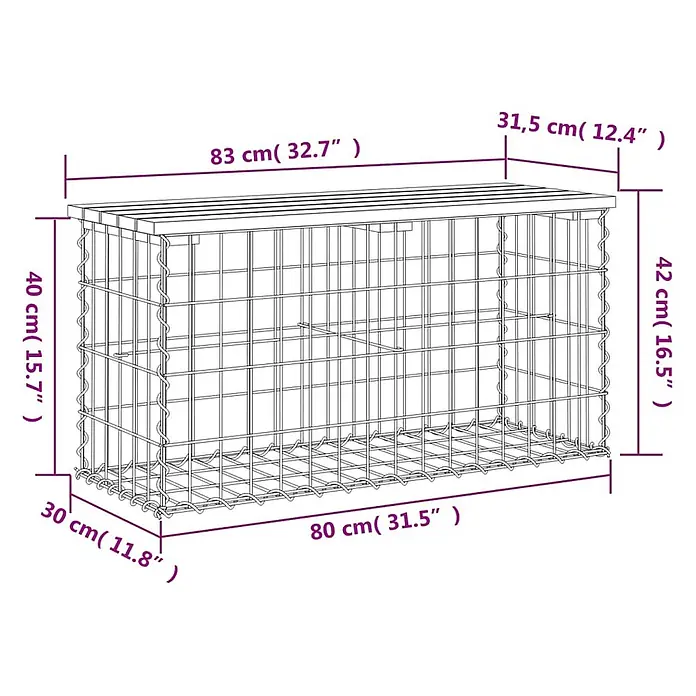 Furnicato Gartenbank - B x T x H: 83 x 31,5 x 42 cm, Natürliche Kiefer - Drahtgeflecht-Gabionenbankrahmen mit Holzauflage, Maße angegeben.