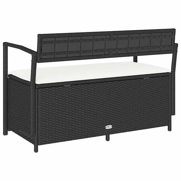 Furnicato Gartenbank PE-Rattan - B x T x H: 111,5 x 54 x 74 cm, Schwarz und Creme - Schwarze Rattan-Sitzbank mit Stauraum und weißem Kissen für draußen.