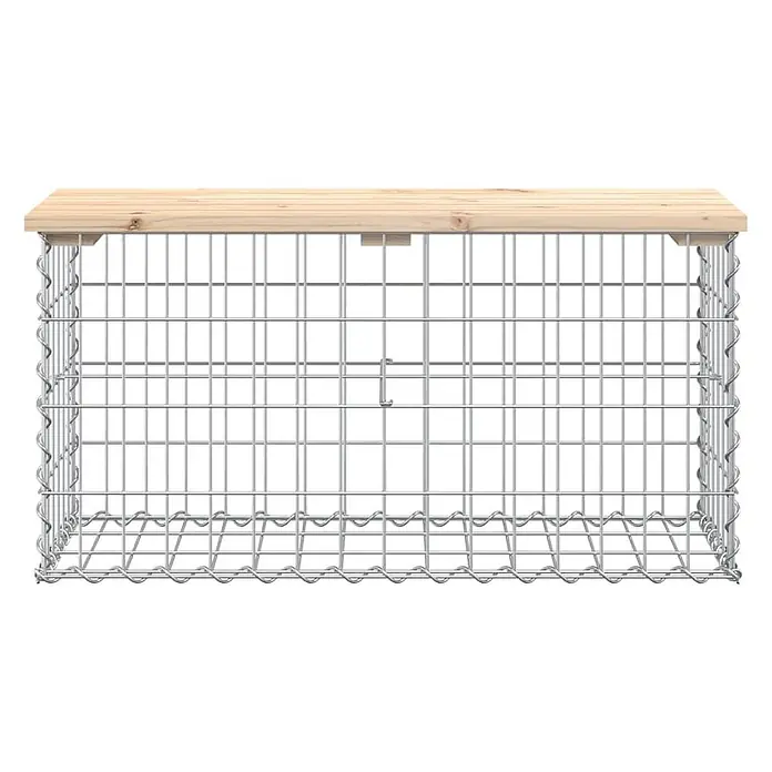 Furnicato Gartenbank - B x T x H: 83 x 31,5 x 42 cm, Natürliche Kiefer - Silberner Gabionen-Drahtkorb mit heller Holzplatte.