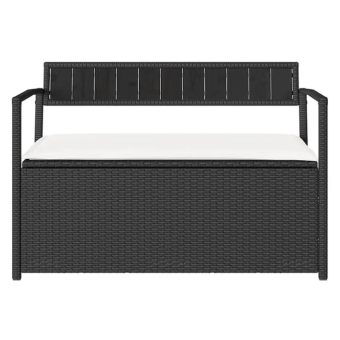 Furnicato Gartenbank PE-Rattan - B x T x H: 111,5 x 54 x 74 cm, Schwarz und Creme - Schwarz geflochtene Rattan-Sitzbank mit Stauraum, weißem Kissen und dunkler Holzlehne.