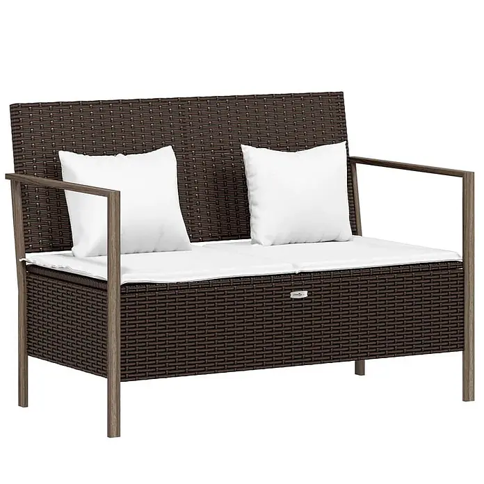 Furnicato Gartenbank - Braun - Zweisitziges dunkelbraunes Polyrattan-Gartensofa mit weißen Kissen und Stauraum.