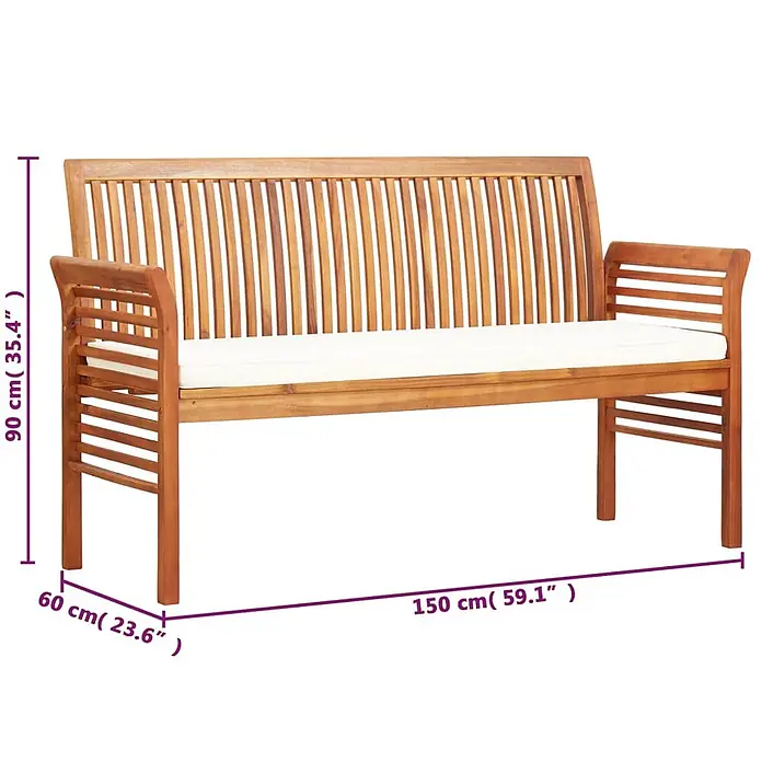 Furnicato Gartenbank Akazien-Massivholz geölt - B x T x H: 150 x 60 x 90 cm, Creme - Holz-Gartenbank mit Lattenrückenlehne und Armlehnen, ausgestattet mit einem weißen Kissen.