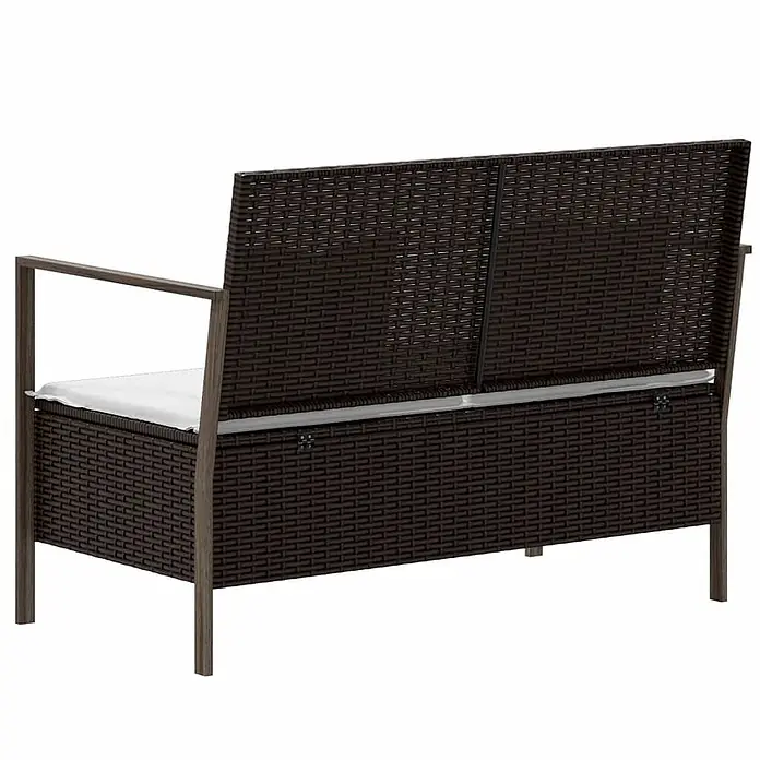 Furnicato Gartenbank - Braun - Dunkelbraune Rattan-Gartenbank mit Stauraum, weißem Kissen und dunklem Metallgestell.