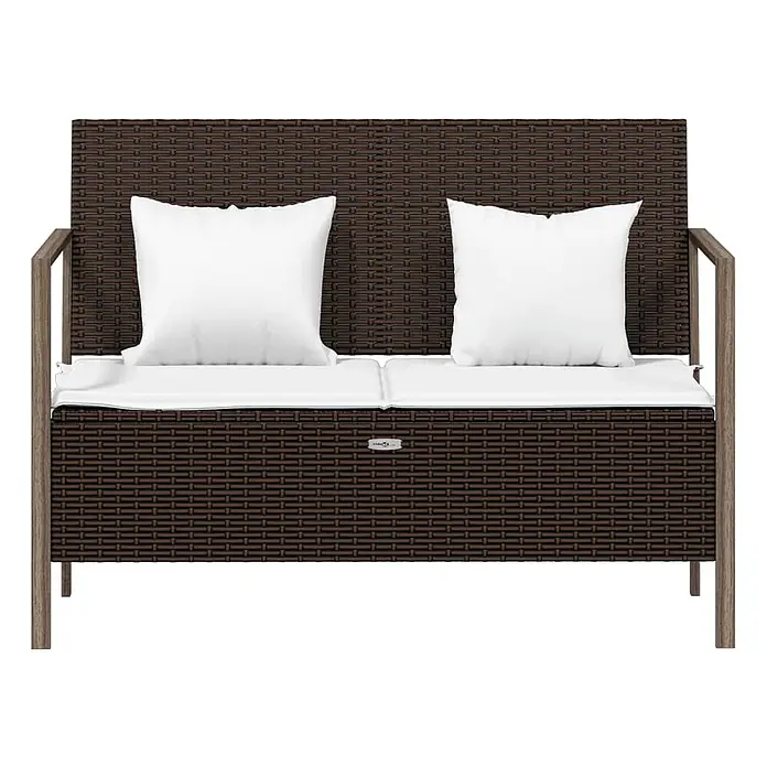 Furnicato Gartenbank - Braun - Braune geflochtene Gartenbank für zwei mit weißen Sitz- und Rückenkissen sowie Holzoptik-Beinen/Armlehnen.