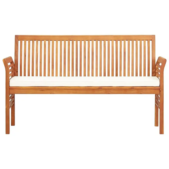 Furnicato Gartenbank Akazien-Massivholz geölt - B x T x H: 150 x 60 x 90 cm, Creme - Naturholzbank mit Lattenrückenlehne, Armlehnen und weißem Sitzkissen.