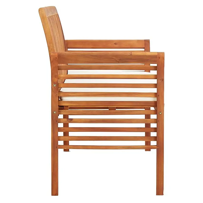 Furnicato Gartenbank Akazien-Massivholz geölt - B x T x H: 150 x 60 x 90 cm, Creme - Seitenansicht eines Garten-Sessels aus braunem Akazienholz mit Lattenrost und weißem Sitzkissen.