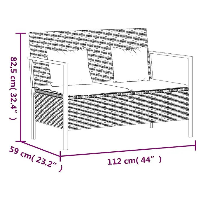 Furnicato Gartenbank - Braun - Gartenbank aus Rattan-Optik mit Metallrahmen und Kissen, Maße angegeben.