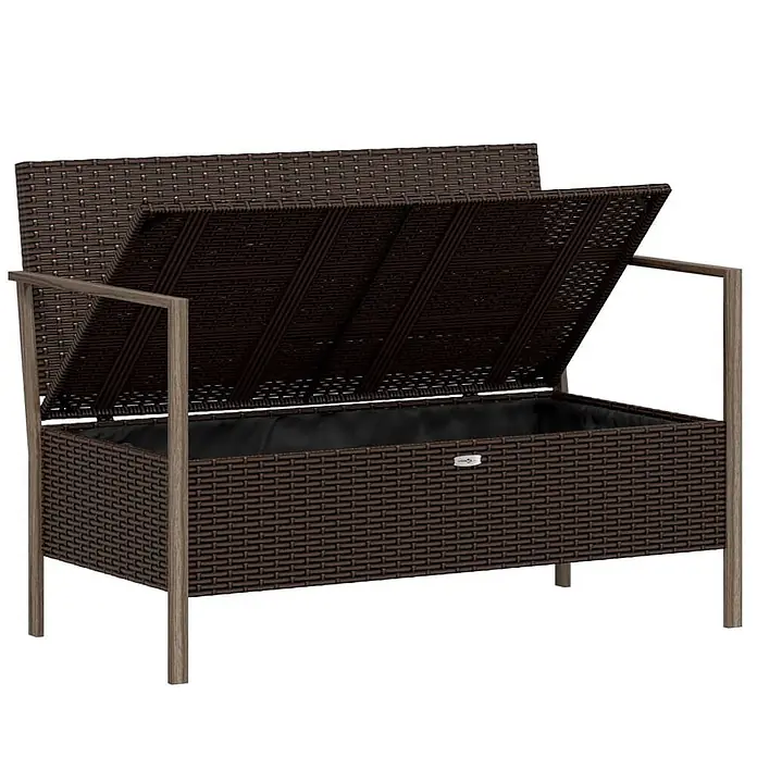 Furnicato Gartenbank - Braun - Dunkelbraune Rattan-Sitzbank mit aufklappbarem Deckel, der eine schwarze Auskleidung zeigt. Mit hellbraunen Metallrahmen-Akzenten.