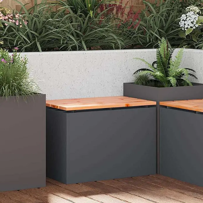 Furnicato Gartenbank Douglasienholz Anthrazit - B x T x H: 40 x 60 x 43 cm, Anthrazit - Dunkelgraue Pflanzkästen mit Sitzbänken aus Naturholz als Stauraum für den Außenbereich.