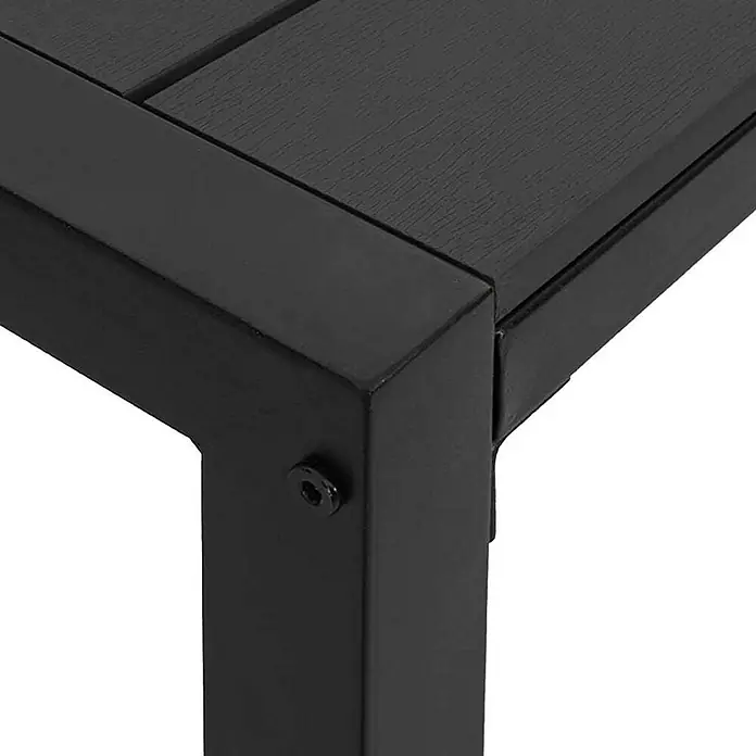Furnicato Gartenbank Stahl - B x T x H: 28 x 100 x 45 cm, Schwarz - Nahaufnahme einer schwarzen Tischecke mit Metallgestell und Lattenplatte, die eine Schraubverbindung zeigt.