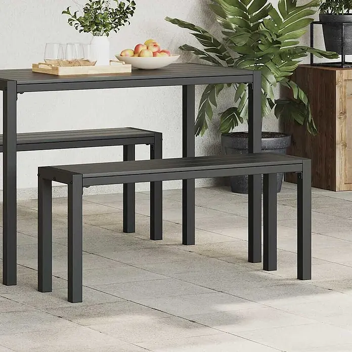 Furnicato Gartenbank Stahl - B x T x H: 28 x 100 x 45 cm, Schwarz - Anthrazitfarbenes Metall-Gartenset: rechteckiger Tisch und zwei Bänke.
