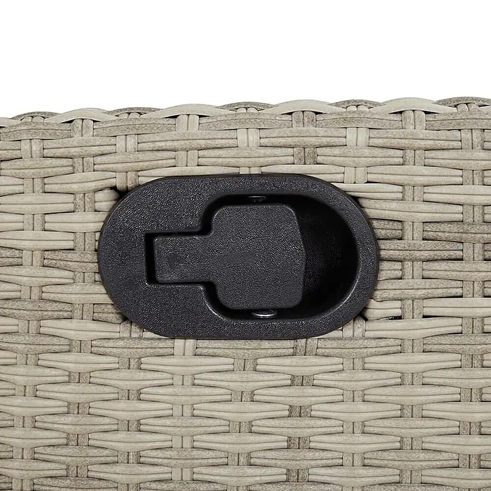 Furnicato Gartenbank - B x T x H: 86 x 86 x 93 cm, Hellgrau - Schwarzer Kunststoff-Liegegriff auf hellgrauer geflochtener Rattan-Textur.