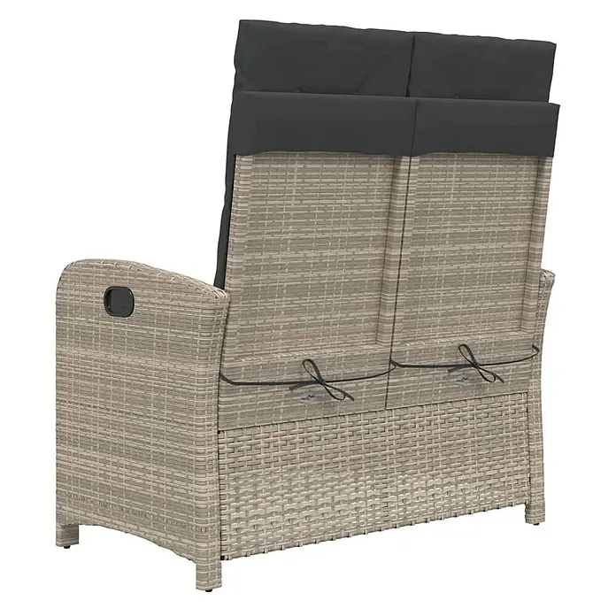 Furnicato Gartenbank - B x T x H: 86 x 86 x 93 cm, Hellgrau - Beiger Gartenliegestuhl aus Polyrattan mit dunkelgrauen Kissen, von hinten mit Bindebändern gesehen.