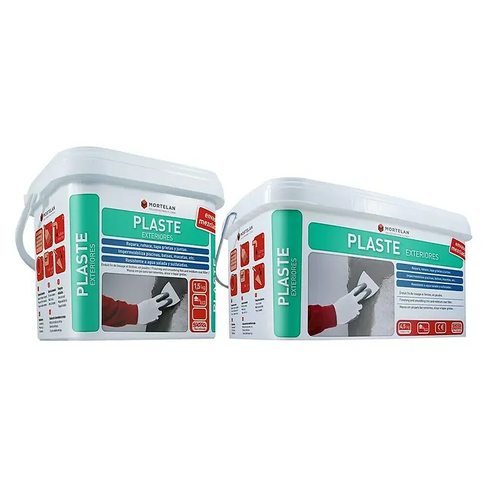 Gecol Masilla Plaste exteriores Mortelan - 4,5 kg - Dos cubos de masilla Mortelan Plaste Exterior en diferentes tamaños, ideal para reparaciones y exteriores.