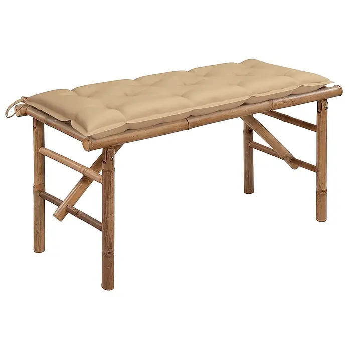 Furnicato Gartenbank - Beige - Bambusbank mit beigem gestepptem Kissen.
